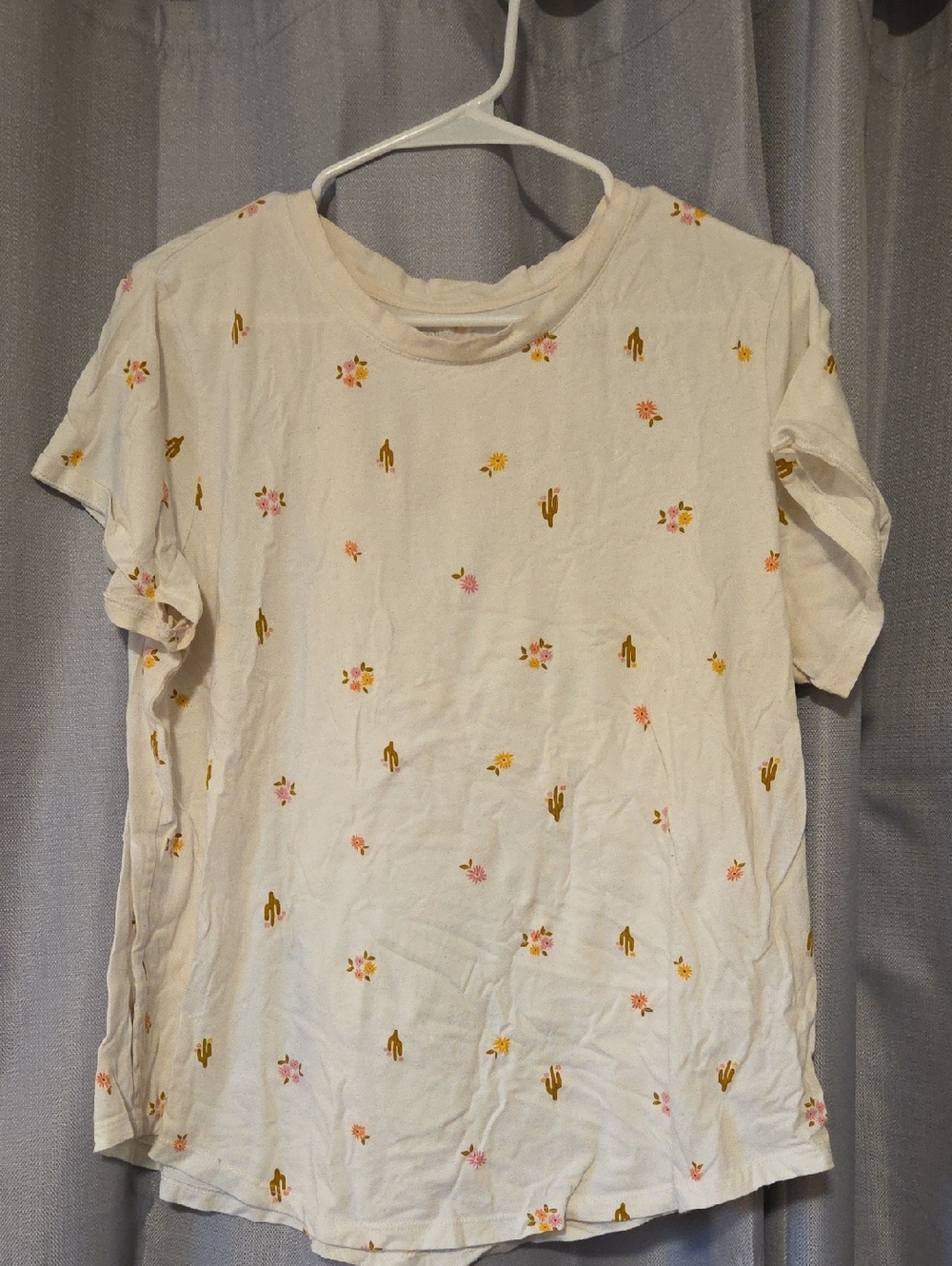 Old Navy Cream Short Sleeve Tee with Pink & Yellow Floral and Gold Cactus Print